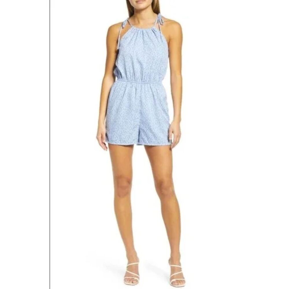 Vero Moda Henna Playsuit Romper XL Henna Abstract Animal Print Blue Fog NWT B5